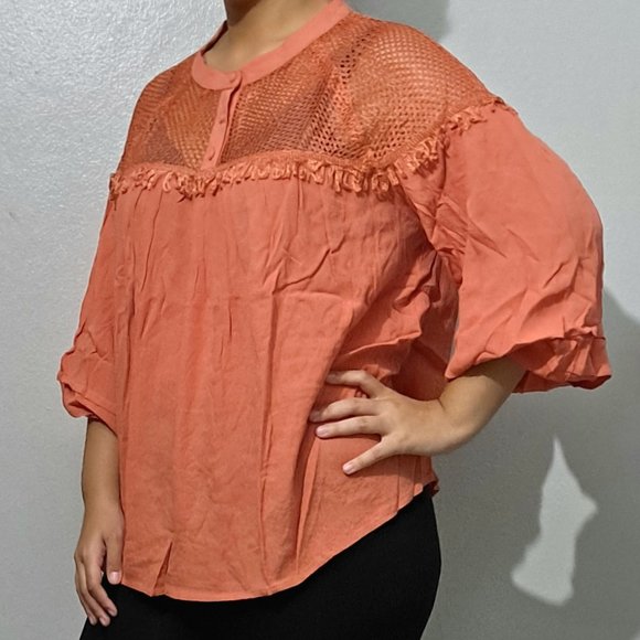 MANGO BOHO SHEER NET MESH BALLOON SLEEVE TOP - Picture 3 of 8